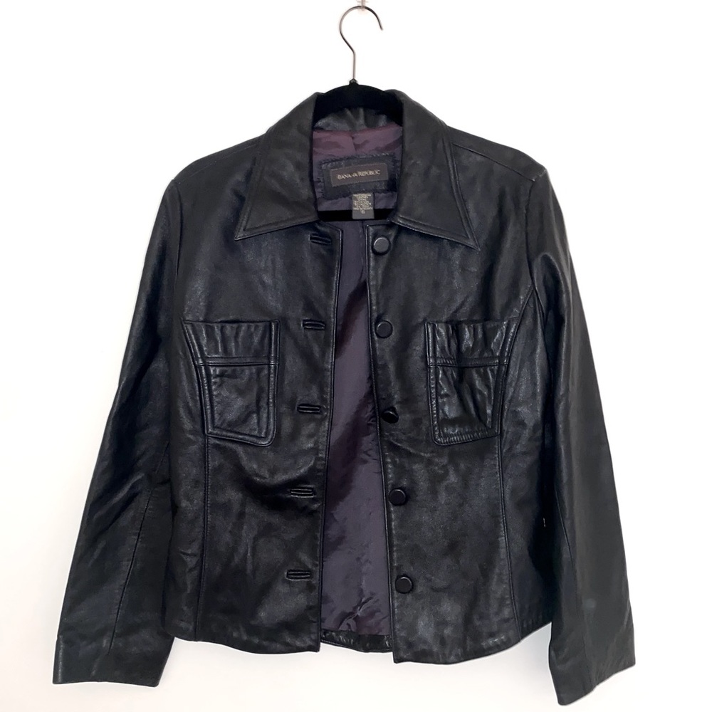 BANANA REPUBLIC Women’s Genuine Leather Riding Jacket Midnight Blue/Black Size S